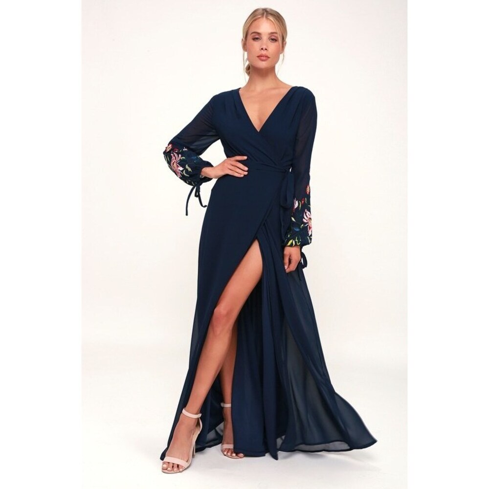Lulus My Angel Navy Blue Embroidered Long Sleeve Wrap Maxi Dress - Size S